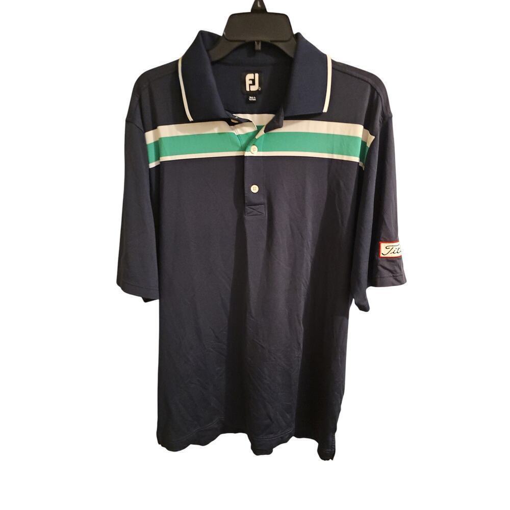 Footjoy Performance golf polo navy blue green sz large shirt Titleist patch MT95